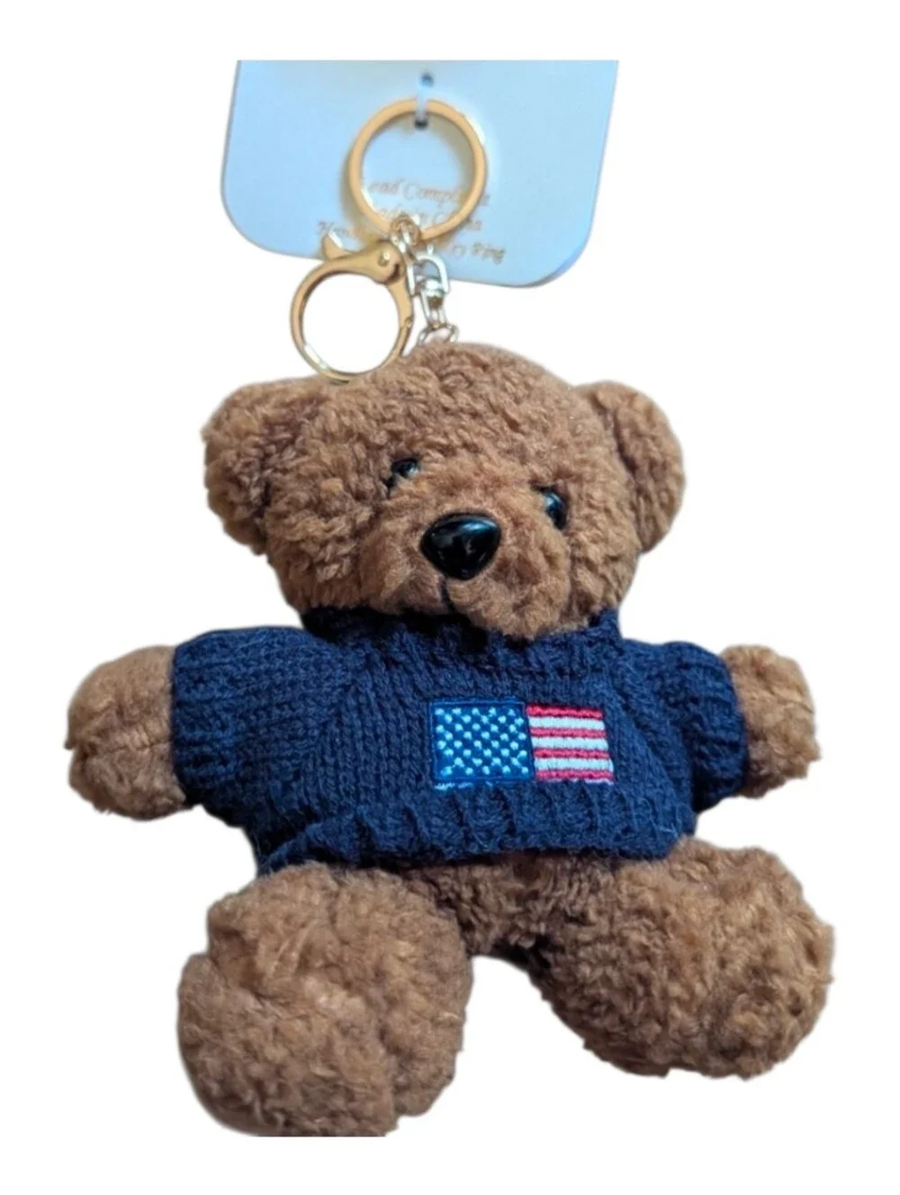 🤎▪️Natasha Couture ▪️Brown Teddy Bear Keychain with Navy American Flag Sweater